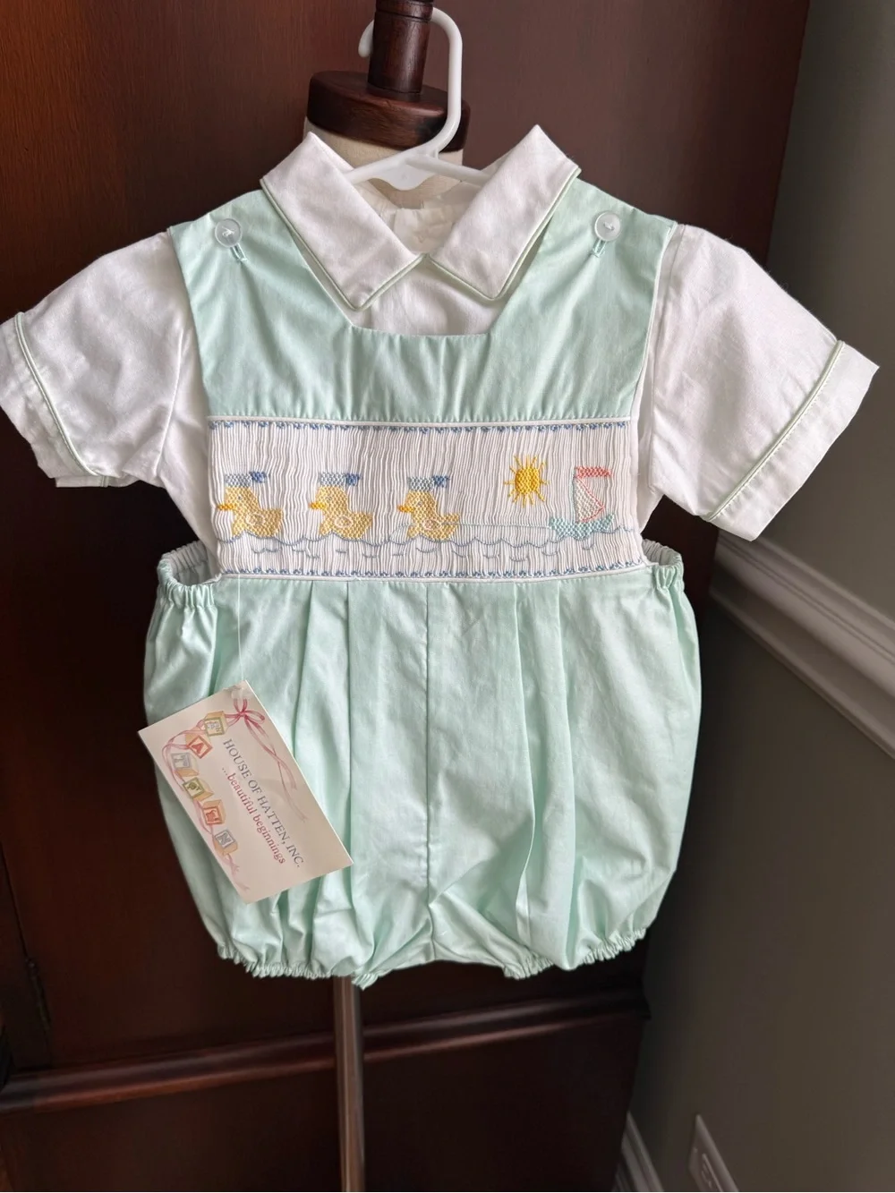 House of Hatten Smocked Duck & Sun Mint Bubble Romper with White Polo